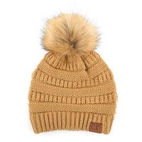CC Tan Beanie with Faux Fur Pom