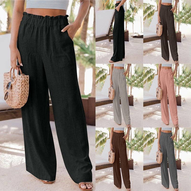 Solid Color Wide Leg Pockets Casual Loose Pants