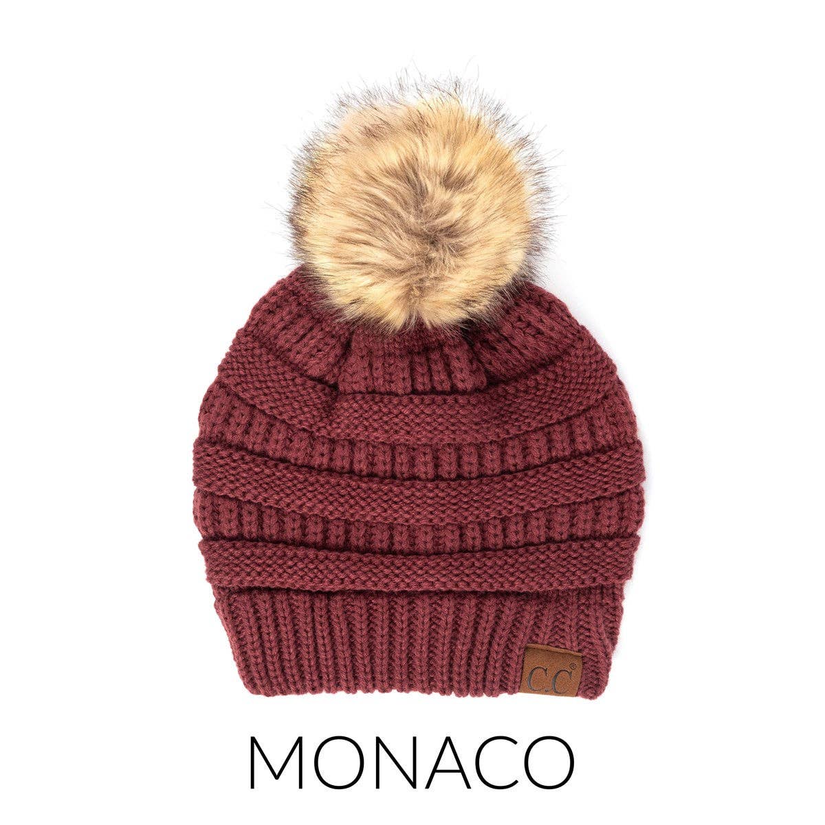 CC Tan Beanie with Faux Fur Pom