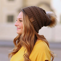 CC Tan Beanie with Faux Fur Pom