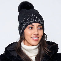 Rhinestone Cuff Beanie with Pom