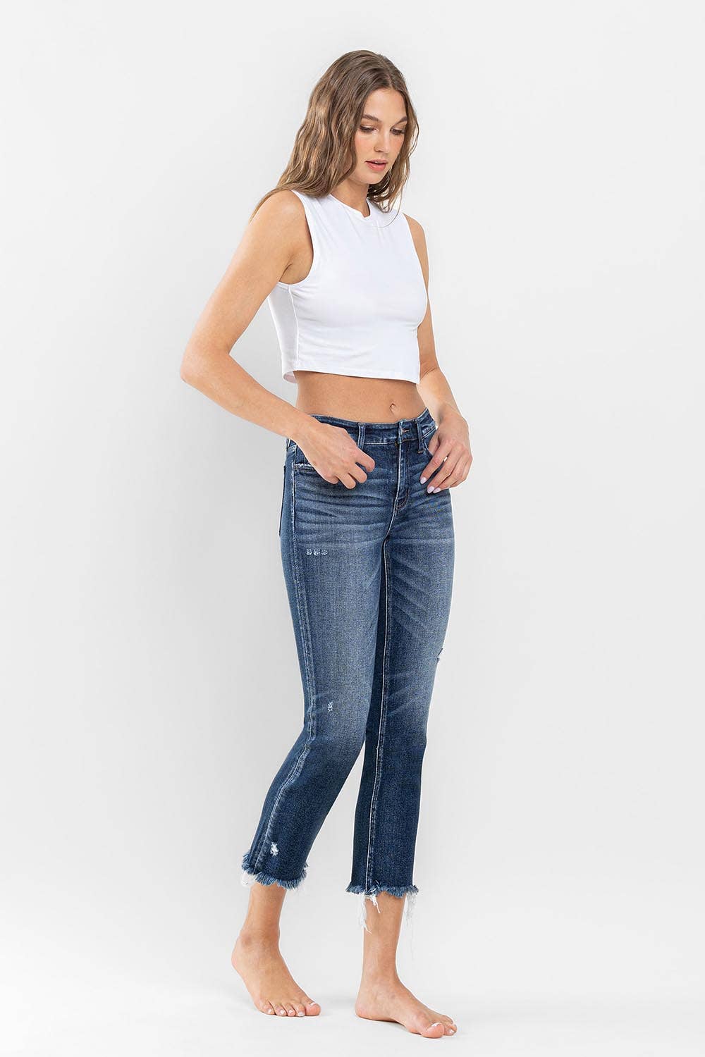 FLYING MONKEY - LOW RISE UNEVEN RAW HEM ANKLE SLIM STRAIGHT JEANS
