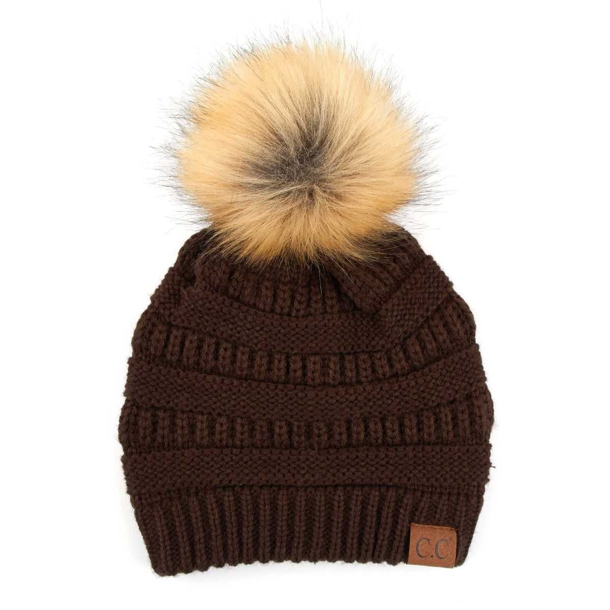 CC Tan Beanie with Faux Fur Pom