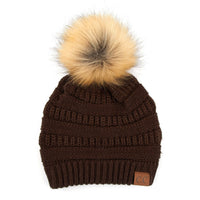 CC Tan Beanie with Faux Fur Pom