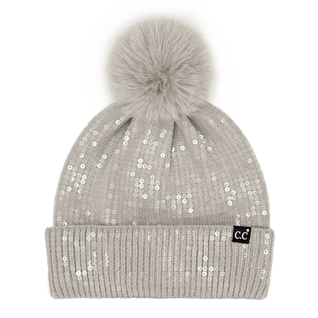 Clear Sequined Cuff Beanie with Pom Pom