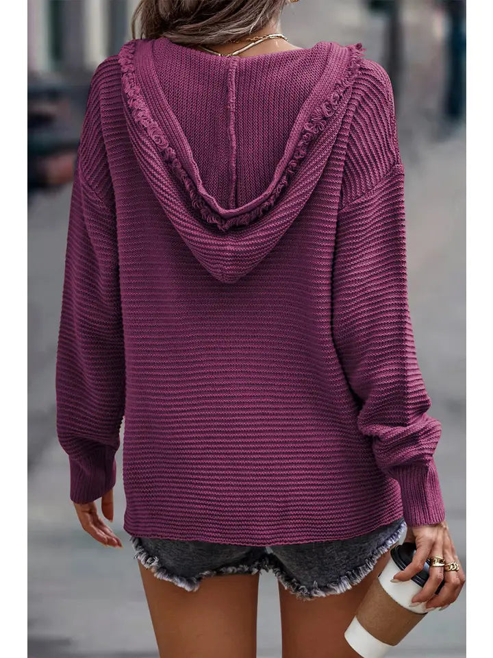 V Neck Ribbed Drop Shoulder Hooded Sweater