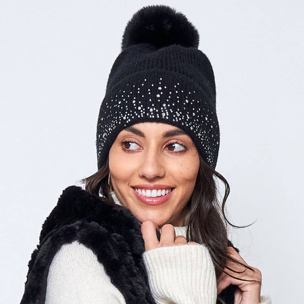 Rhinestone Cuff Beanie with Pom