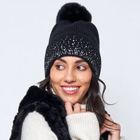 Rhinestone Cuff Beanie with Pom
