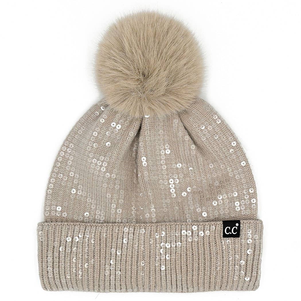 Clear Sequined Cuff Beanie with Pom Pom