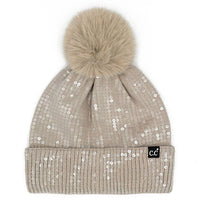 Clear Sequined Cuff Beanie with Pom Pom