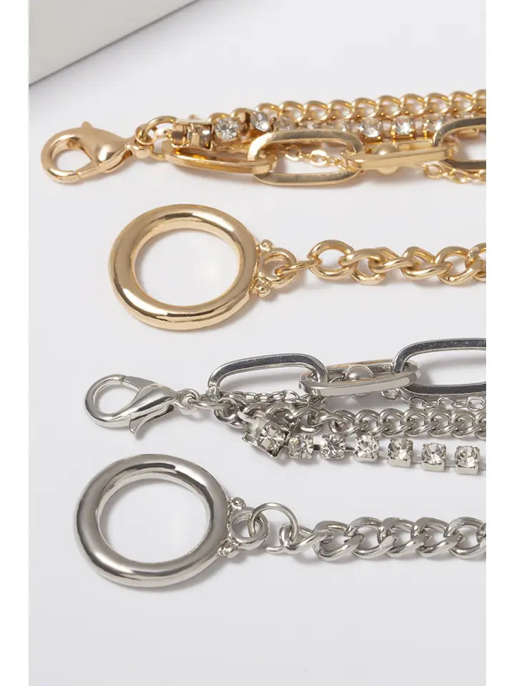Gold Multi Layered Rhinestone Plated Chain Bracelet Set
