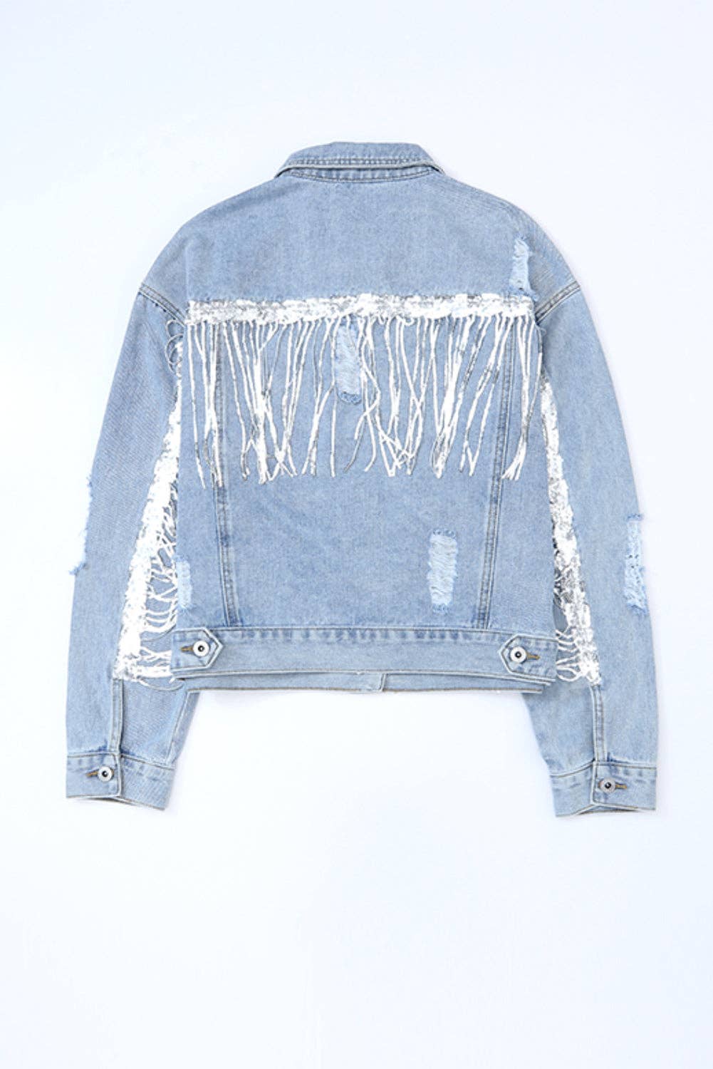 Sky Blue Sequin Embellished Fringe Distressed Denim Jacket