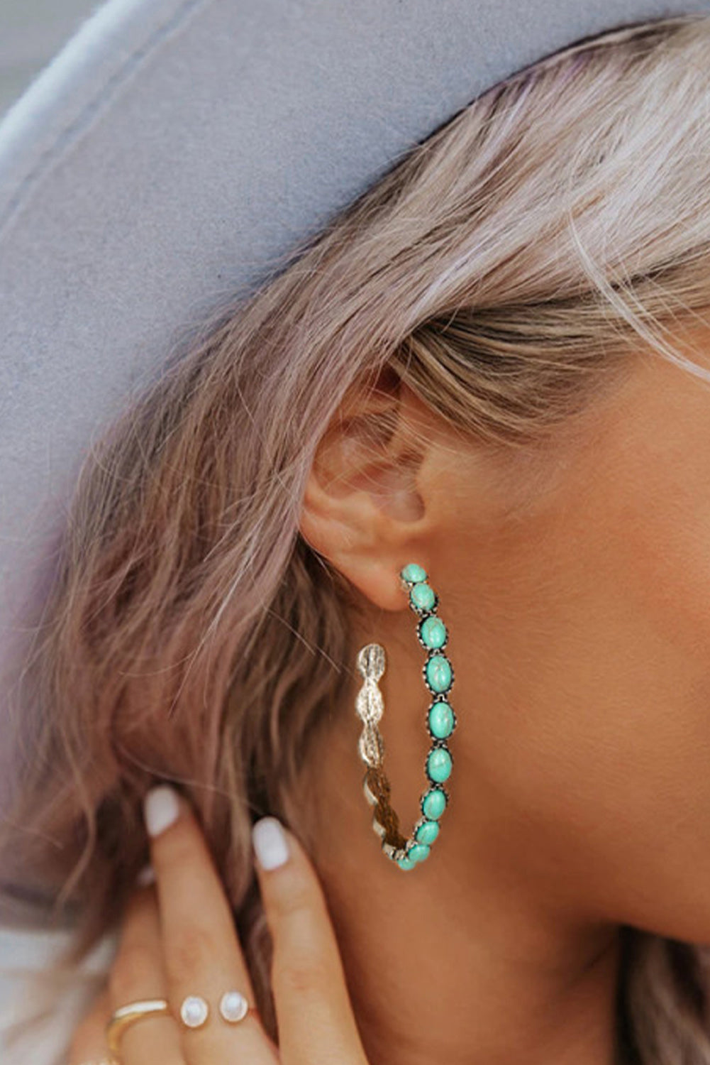 Sky Blue or Pink Gem Inlay Retro C-Shaped Earrings
