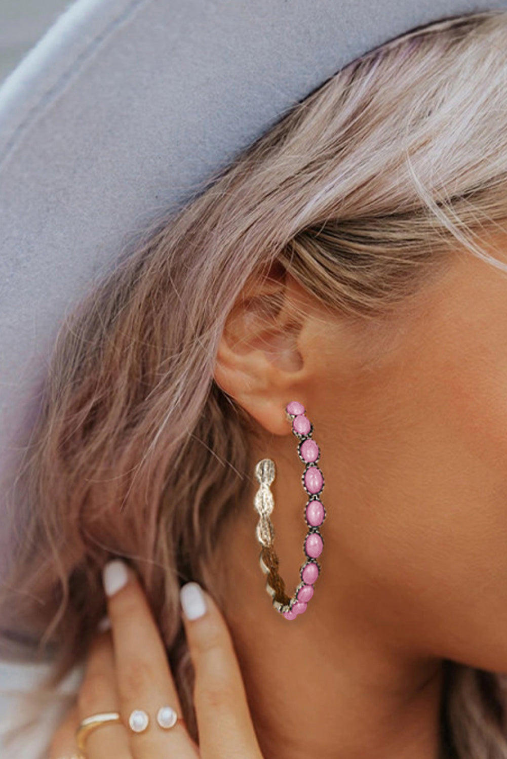 Sky Blue or Pink Gem Inlay Retro C-Shaped Earrings