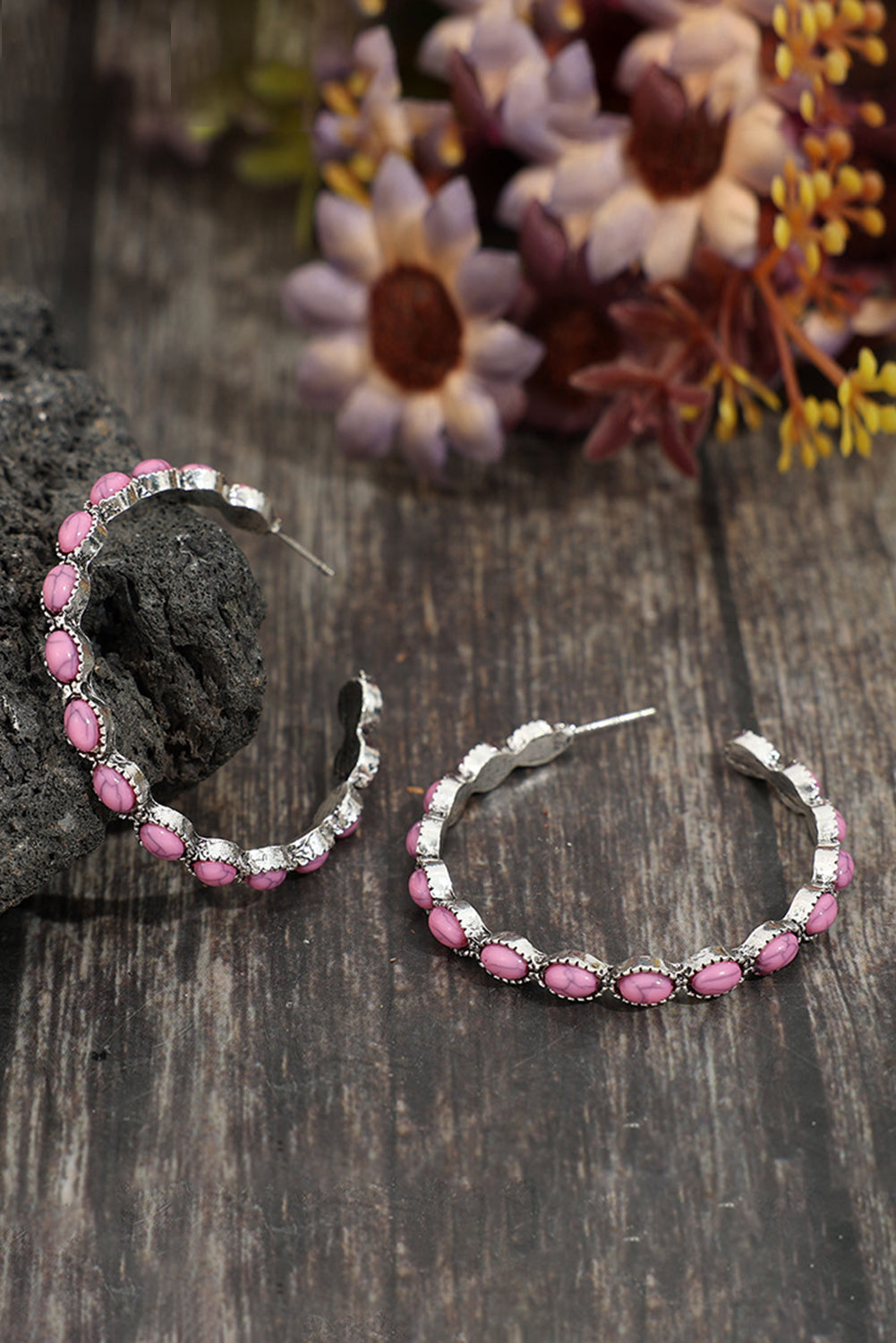 Sky Blue or Pink Gem Inlay Retro C-Shaped Earrings