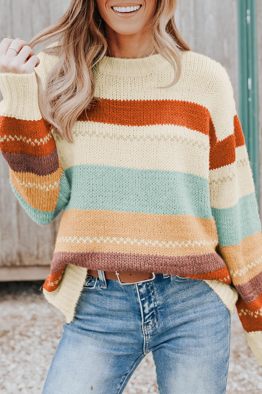 Crew Neck  Striped Color Block Sweater