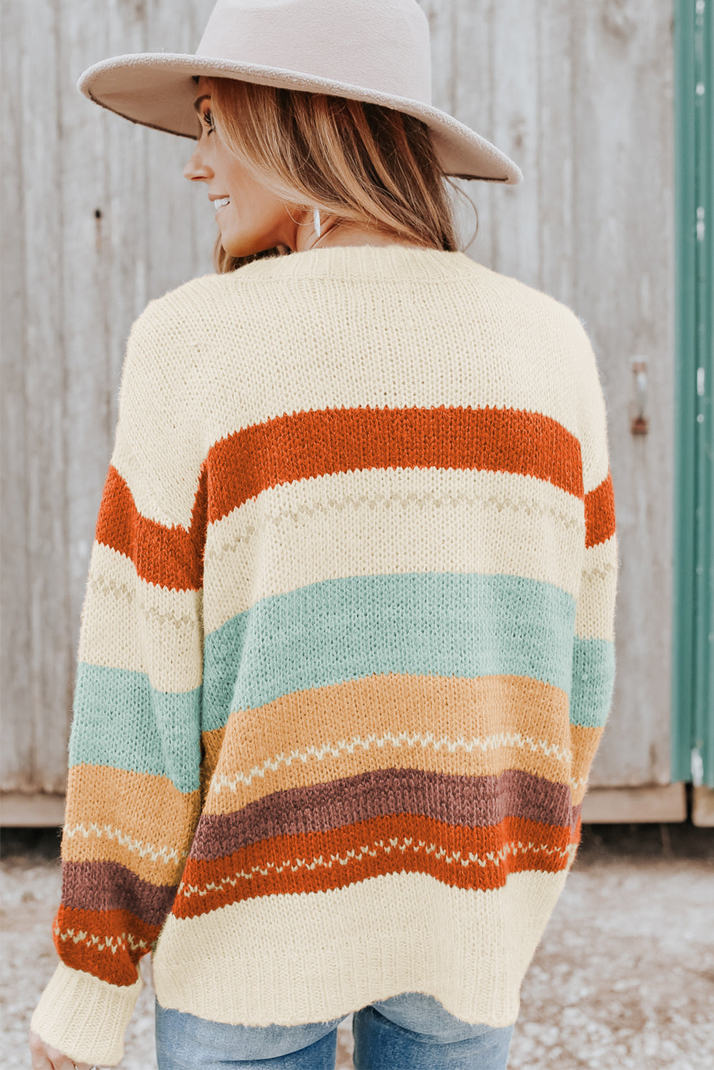 Crew Neck  Striped Color Block Sweater