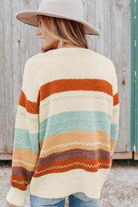 Crew Neck  Striped Color Block Sweater