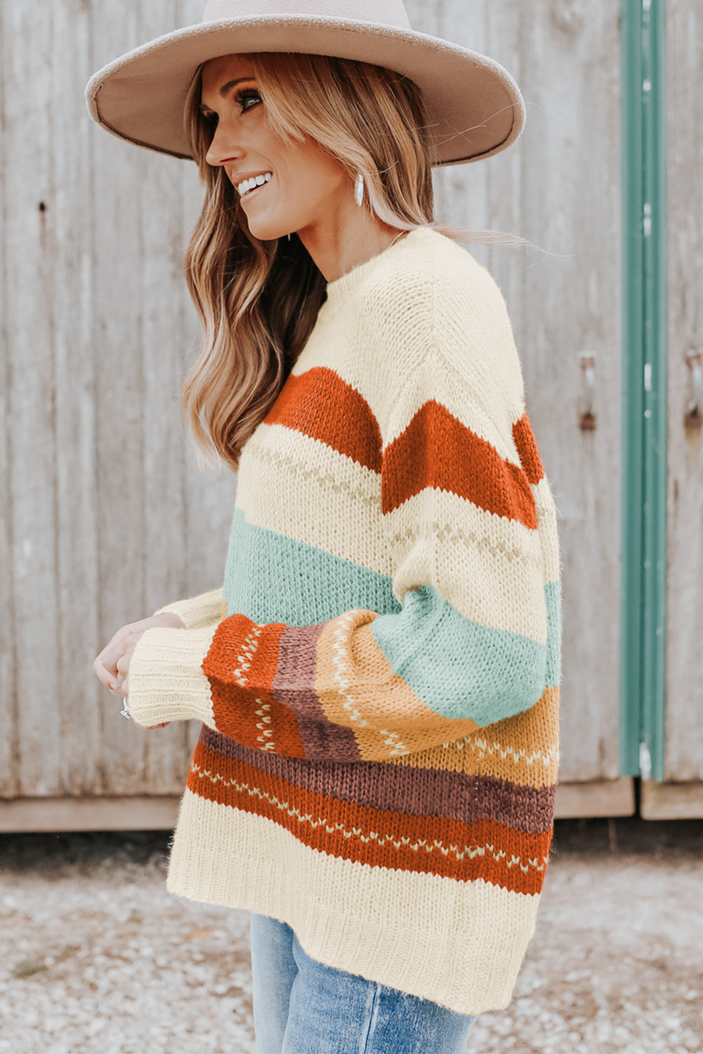 Crew Neck  Striped Color Block Sweater
