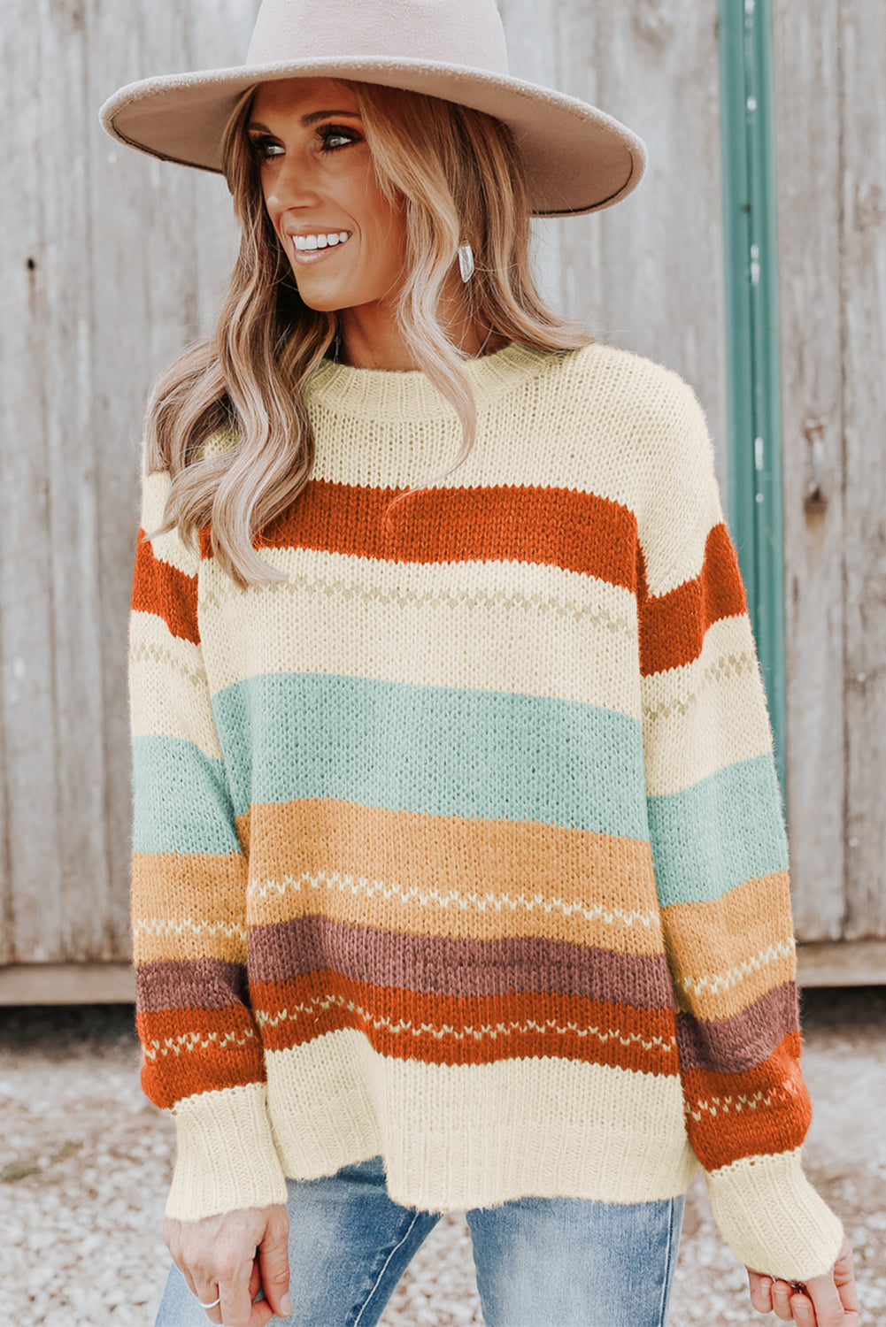 Crew Neck  Striped Color Block Sweater