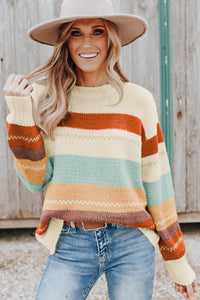 Crew Neck  Striped Color Block Sweater