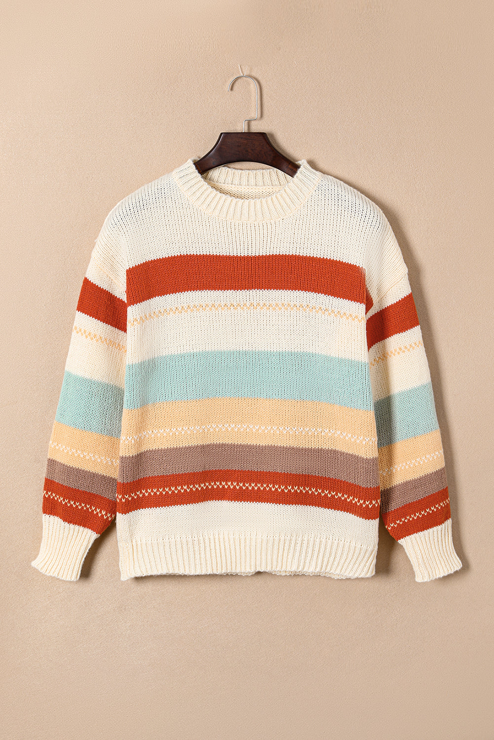 Crew Neck  Striped Color Block Sweater