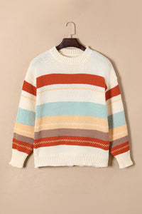 Crew Neck  Striped Color Block Sweater