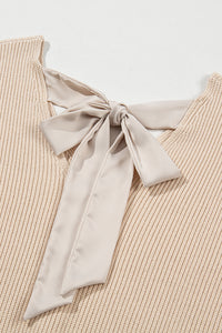 Apricot Lantern Sleeve V Neck Knot Back Sweater