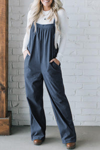 Black Solid Pocketed Loose Fit Corduroy Overall
