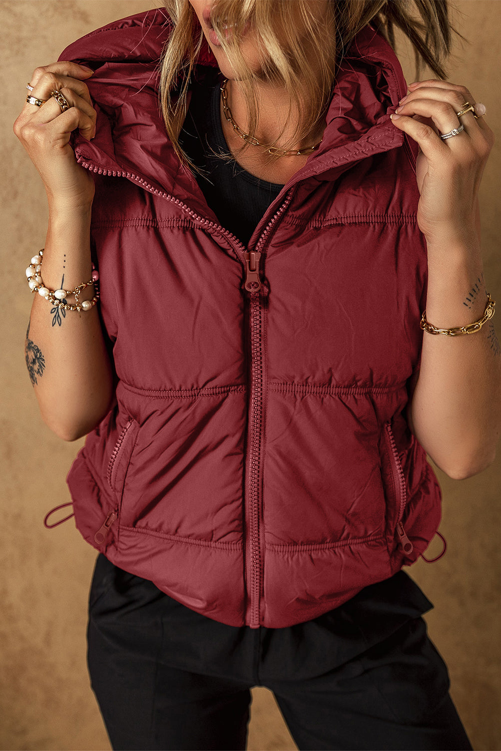 Clay Zip-up Side Pockets Hooded Puffer Vest LC853372-P8017