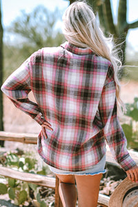 Pink & Brown Plaid Flap Pocket Button Up Shacket