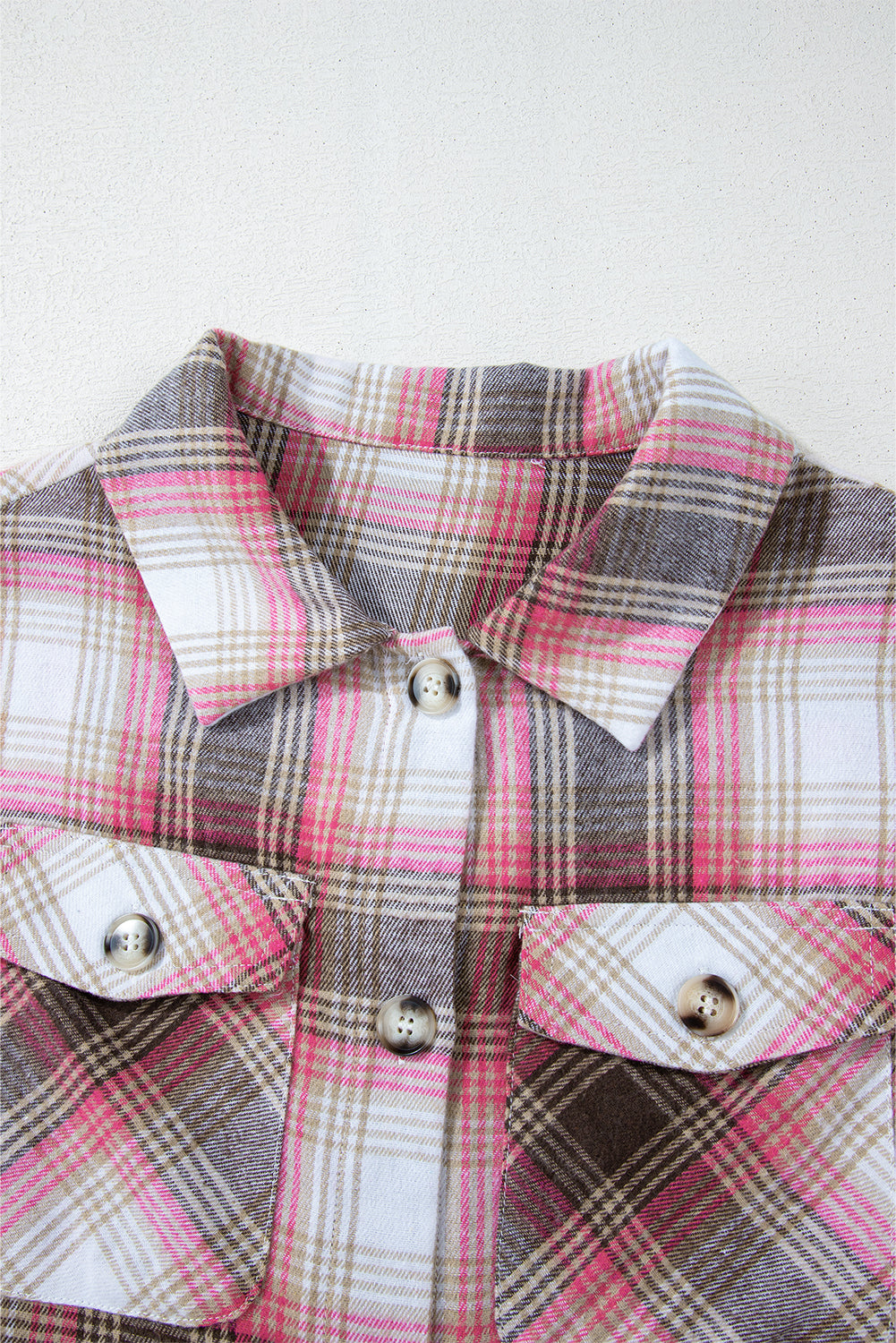 Pink & Brown Plaid Flap Pocket Button Up Shacket