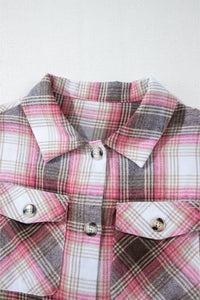 Pink & Brown Plaid Flap Pocket Button Up Shacket