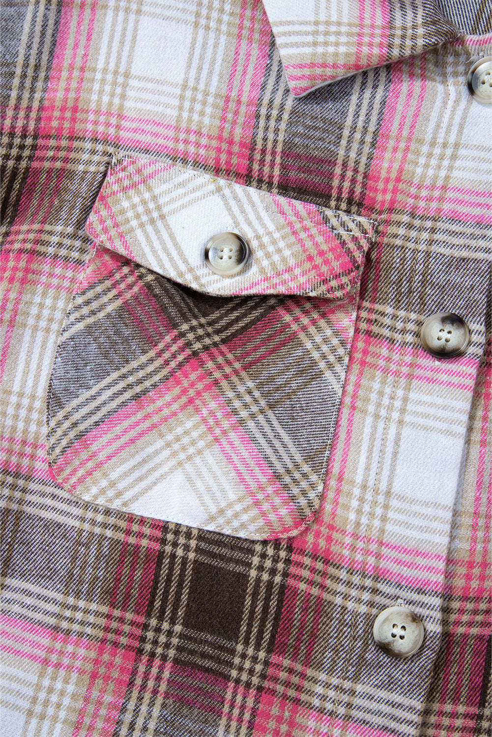 Pink & Brown Plaid Flap Pocket Button Up Shacket