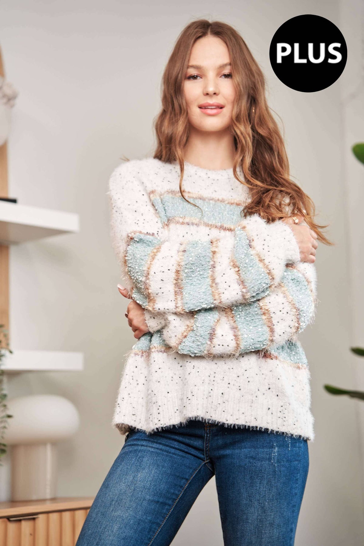 PLUS SIZE FUZZY STRIPE SWEATER