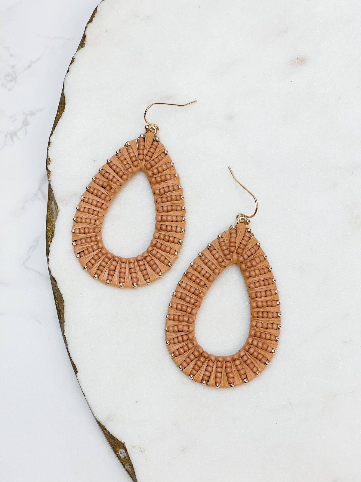Oval Raffia Beaded Dangle Earrings