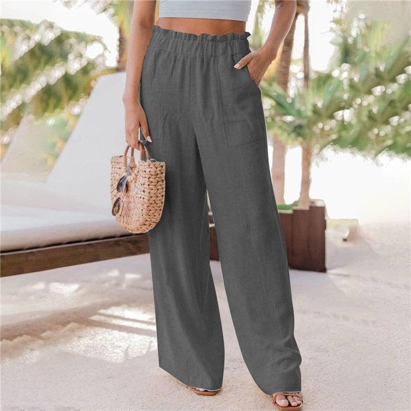 Solid Color Wide Leg Pockets Casual Loose Pants