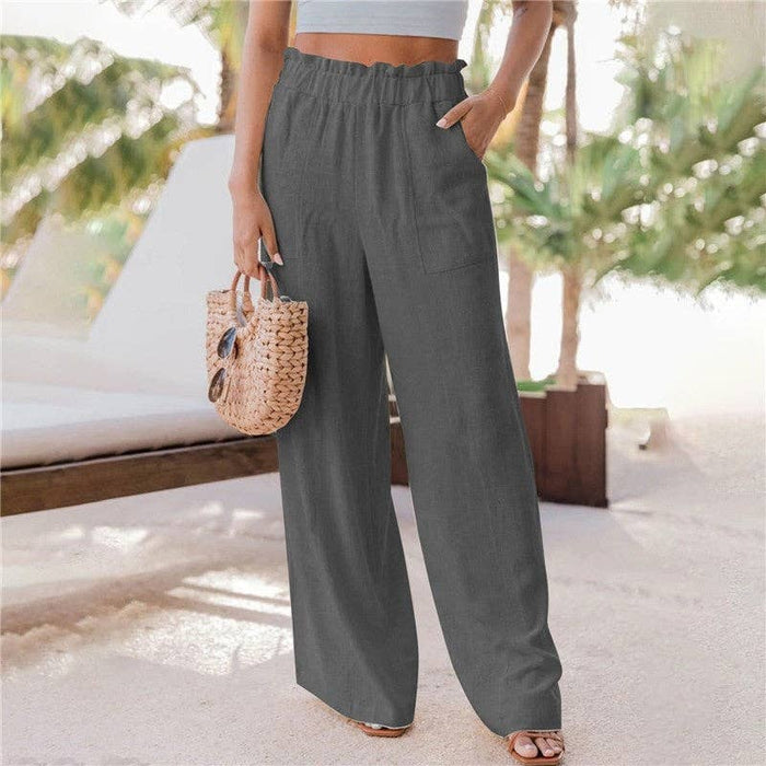 Solid Color Wide Leg Pockets Casual Loose Pants