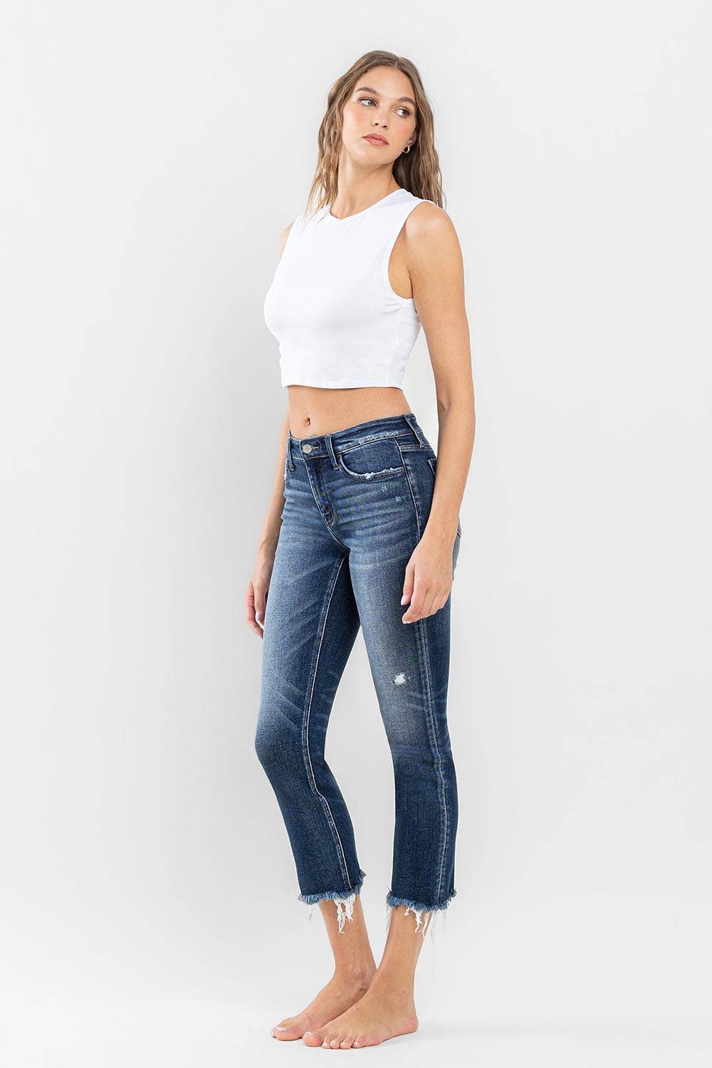 FLYING MONKEY - LOW RISE UNEVEN RAW HEM ANKLE SLIM STRAIGHT JEANS