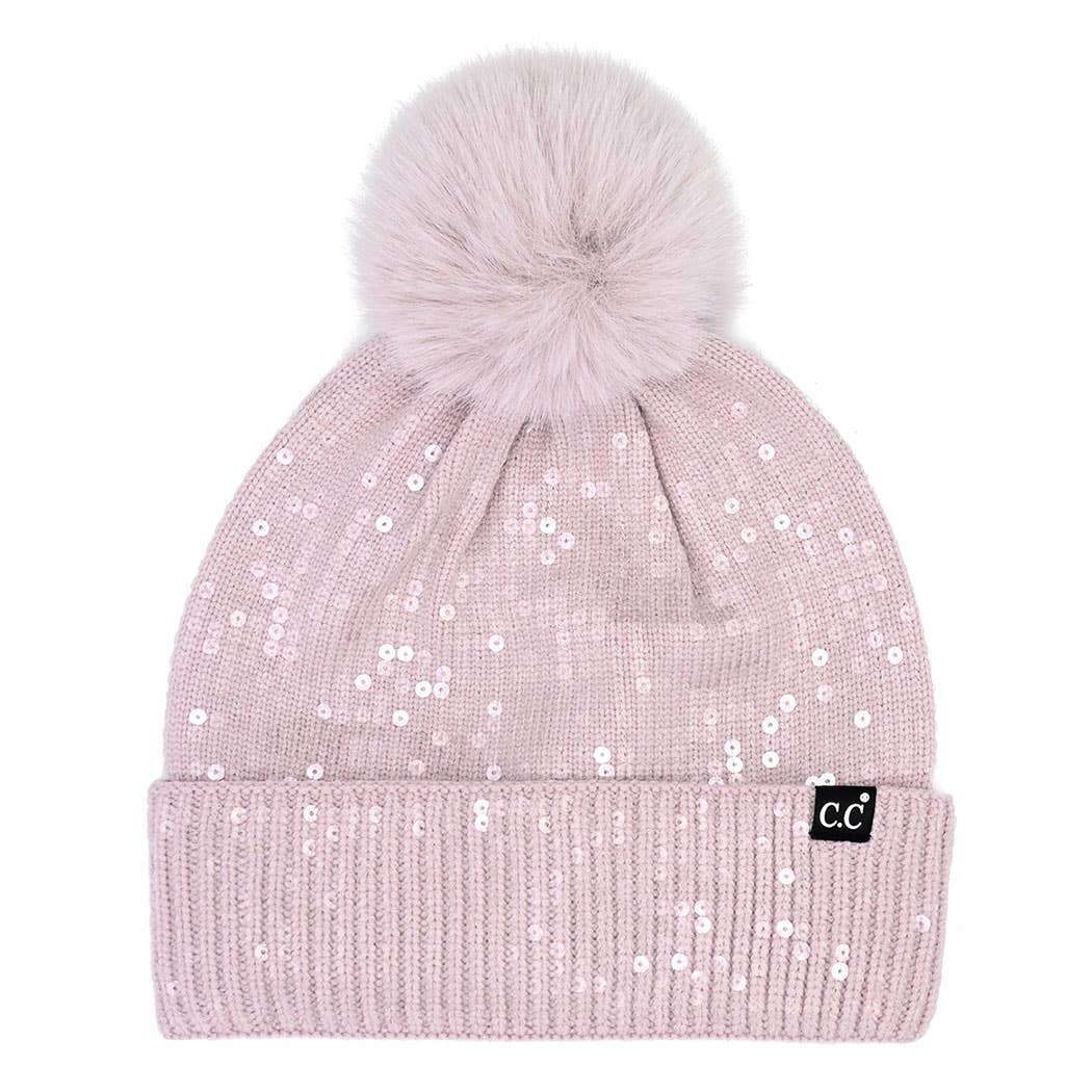 Clear Sequined Cuff Beanie with Pom Pom