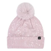 Clear Sequined Cuff Beanie with Pom Pom