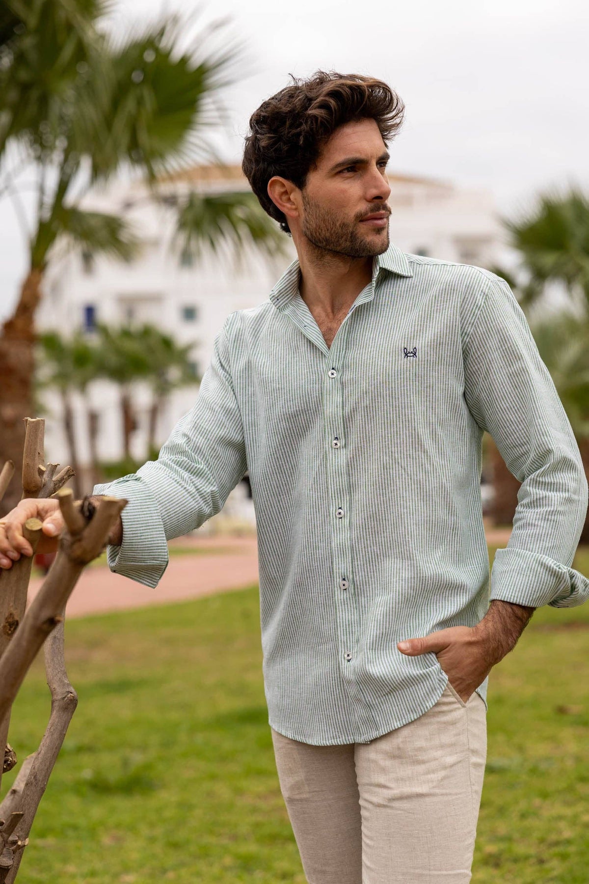 Custi Mikelo Green Button Down Linen Shirt