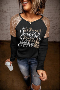 Black Wonderful Christmas Season Graphic Sequin Shoulder Top