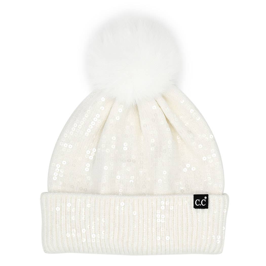 Clear Sequined Cuff Beanie with Pom Pom
