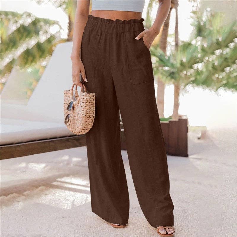 Solid Color Wide Leg Pockets Casual Loose Pants