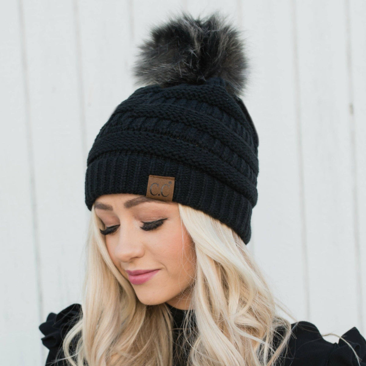 CC Tan Beanie with Faux Fur Pom