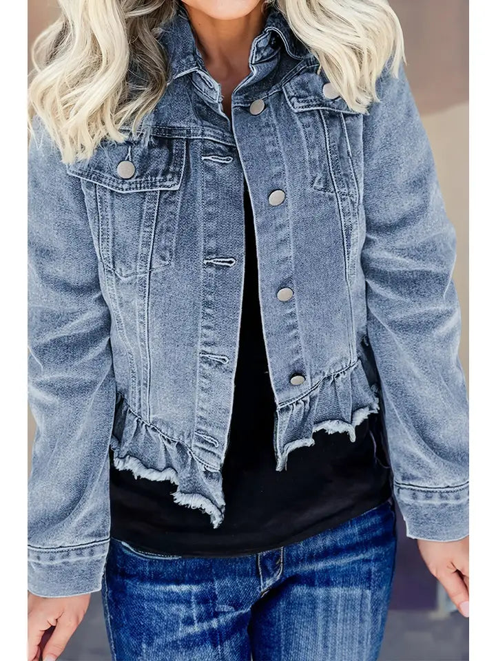 Ruffle Raw Hem Flap Pockets Denim Jacket