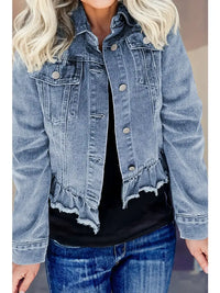 Ruffle Raw Hem Flap Pockets Denim Jacket