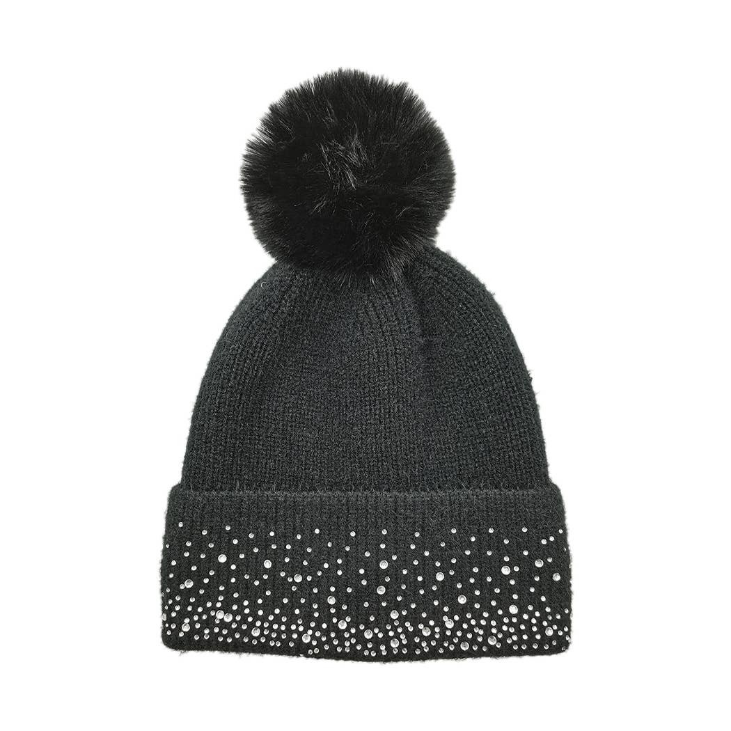 Rhinestone Cuff Beanie with Pom