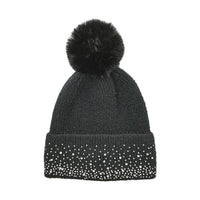 Rhinestone Cuff Beanie with Pom